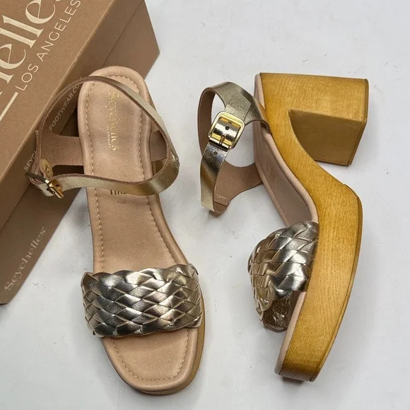 Seychelles Timber Gold Metallic Platform Wood Chunky Block Heel Sandal NEW - Picture 1 of 11